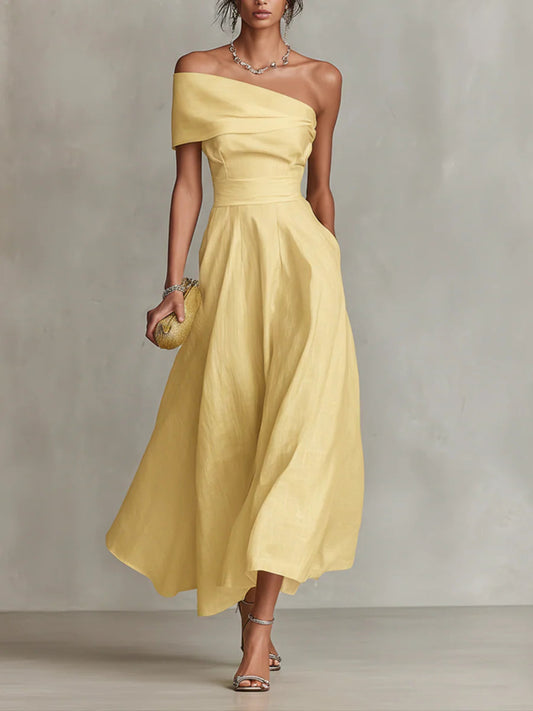 Vestido maxi amarillo de lino con un solo hombro