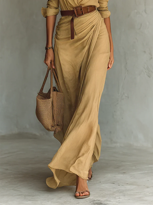 Vestido largo maxi con cinturón, camisa de manga larga para mujer con solapa
