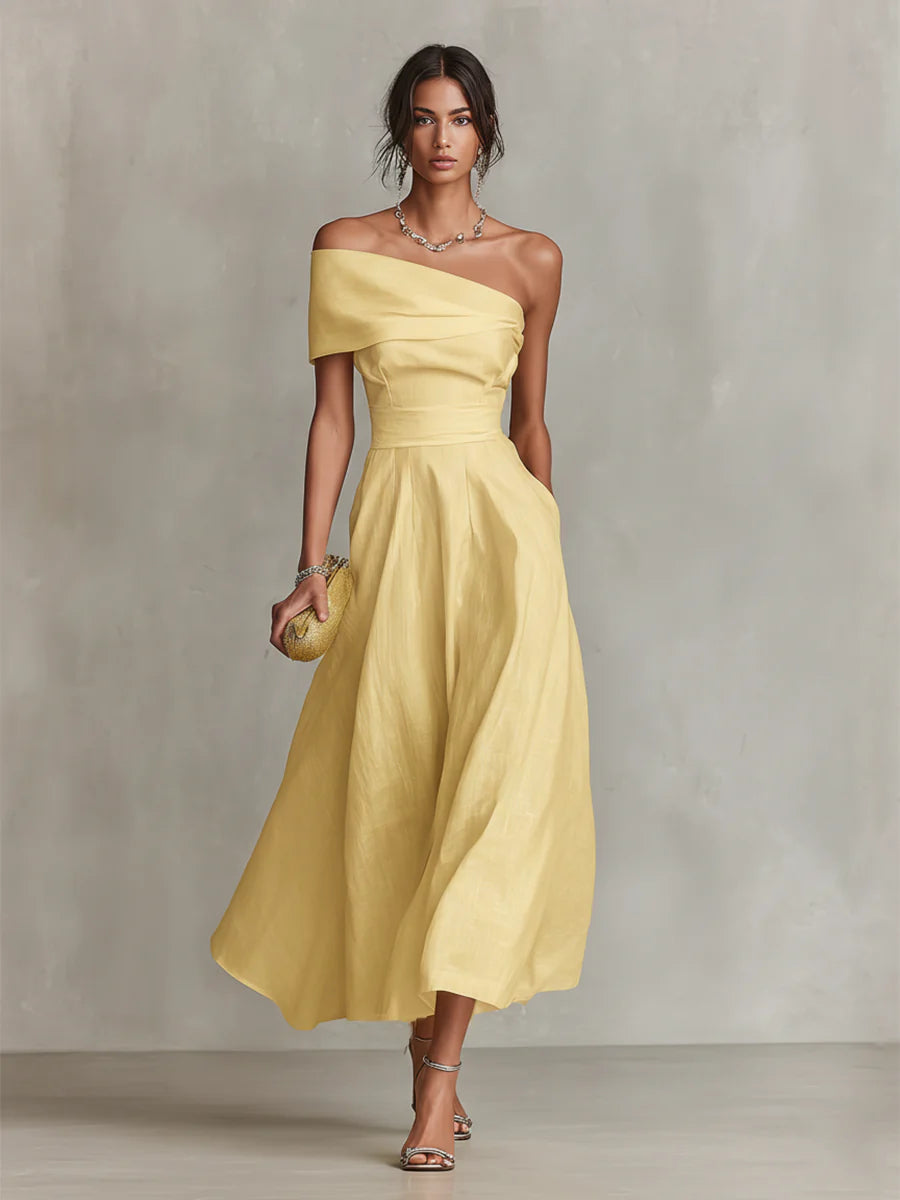ALBA - Vestido Maxi de Lino con Un Hombro