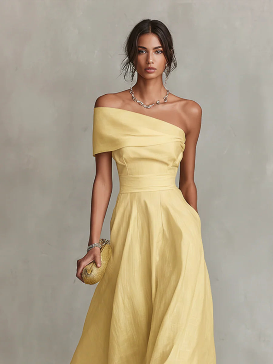 Vestido maxi amarillo de lino con un solo hombro
