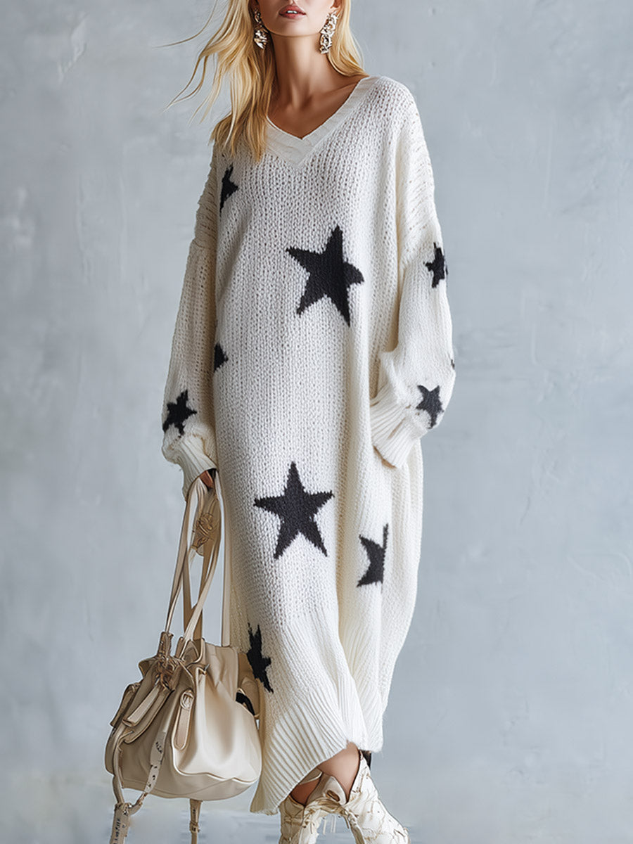 Vestido maxi de punto con estampado de estrellas y corte extragrande