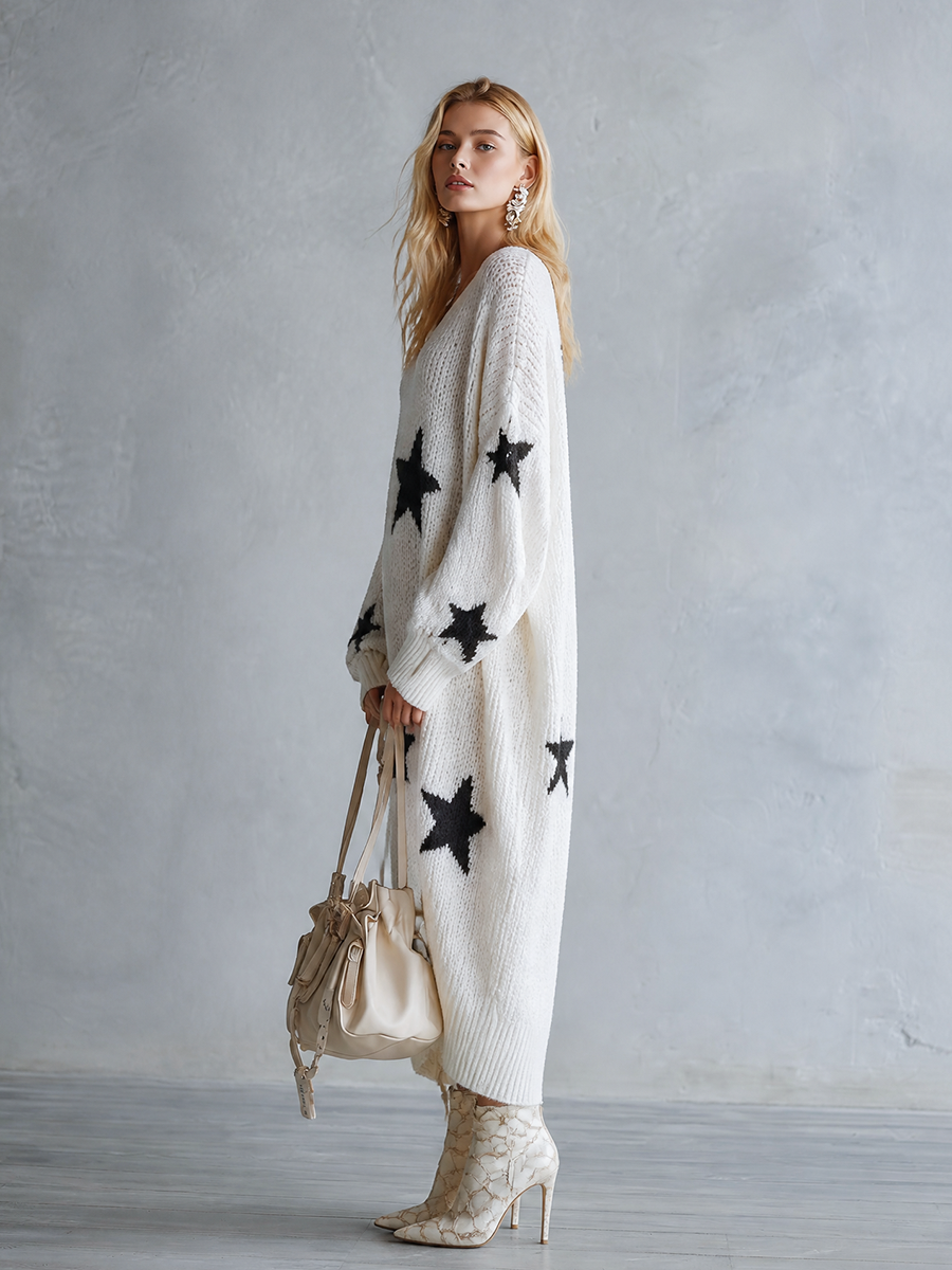 Vestido maxi de punto con estampado de estrellas y corte extragrande