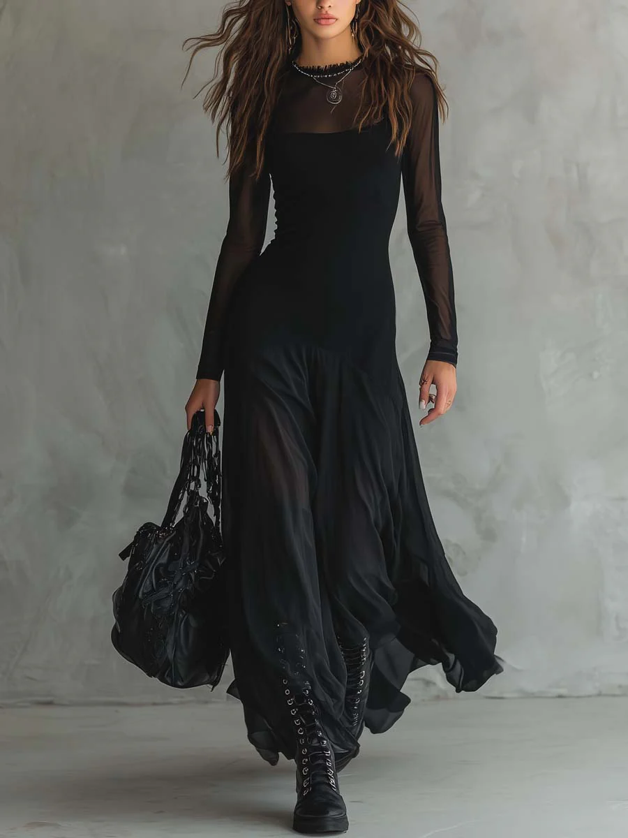 Vestido maxi de tul negro con patchwork