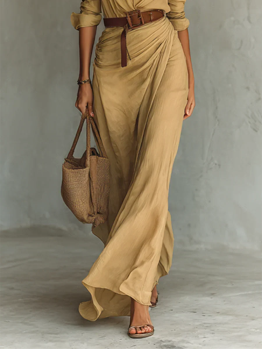 Vestido largo maxi con cinturón, camisa de manga larga para mujer con solapa