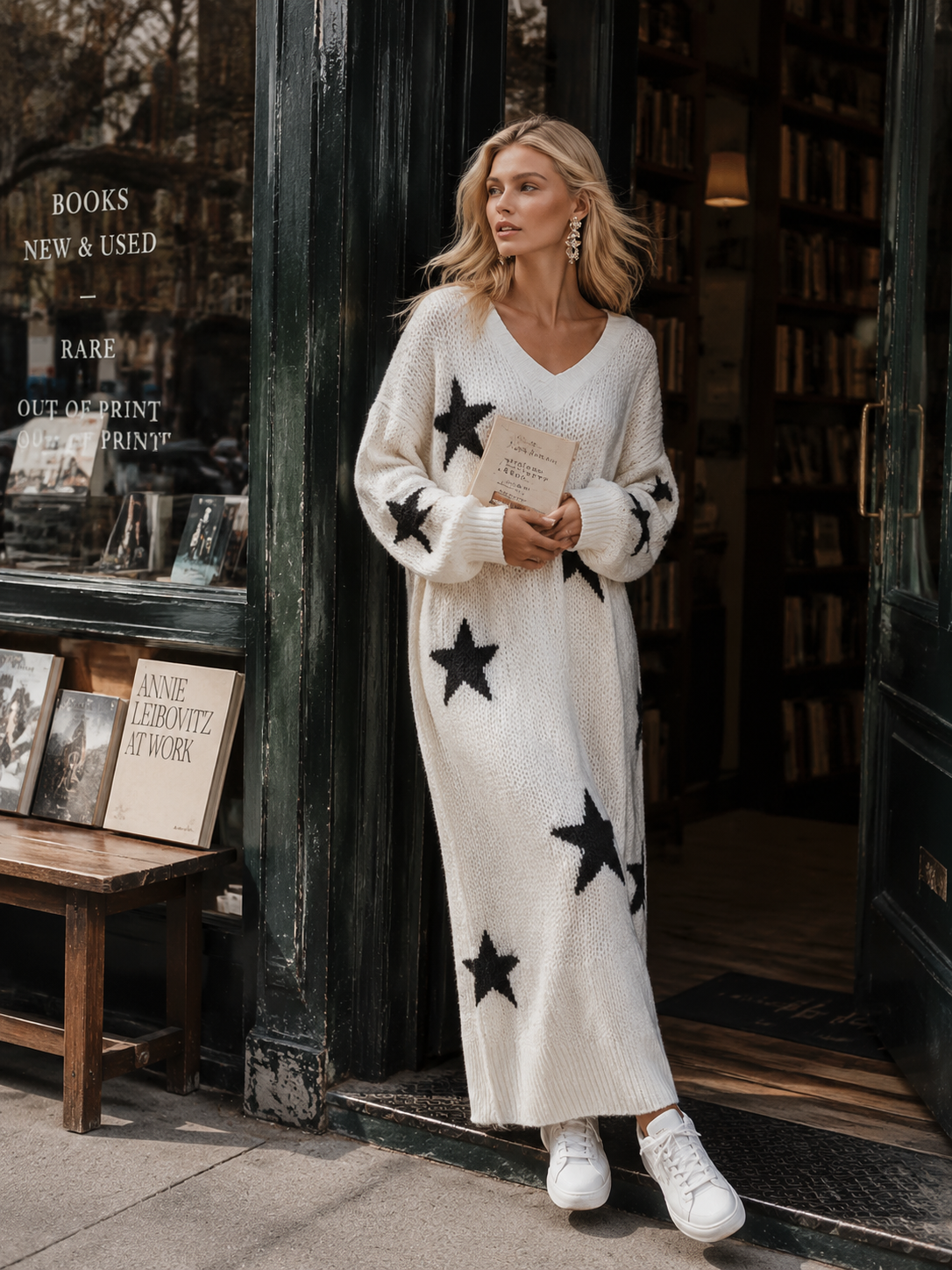 Vestido maxi de punto con estampado de estrellas y corte extragrande