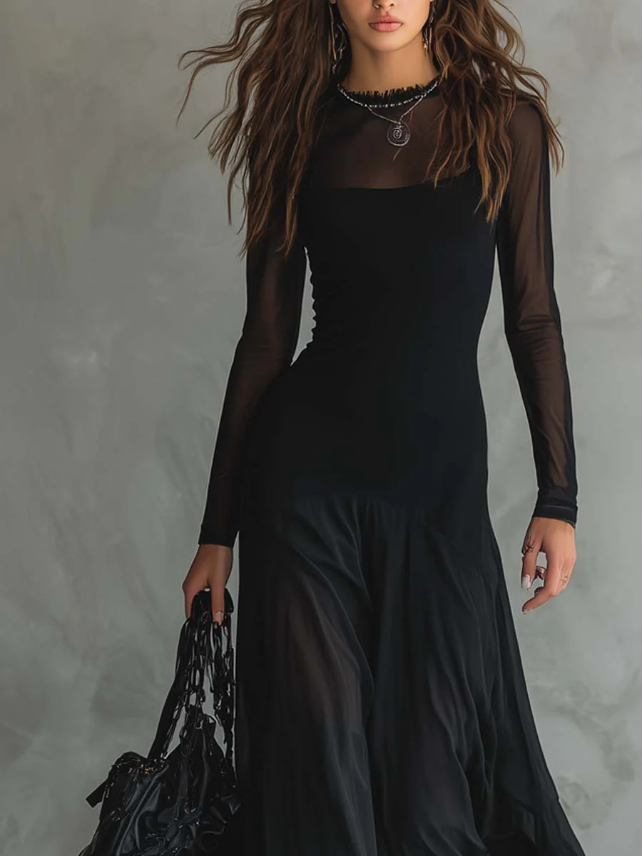 Vestido maxi de tul negro con patchwork