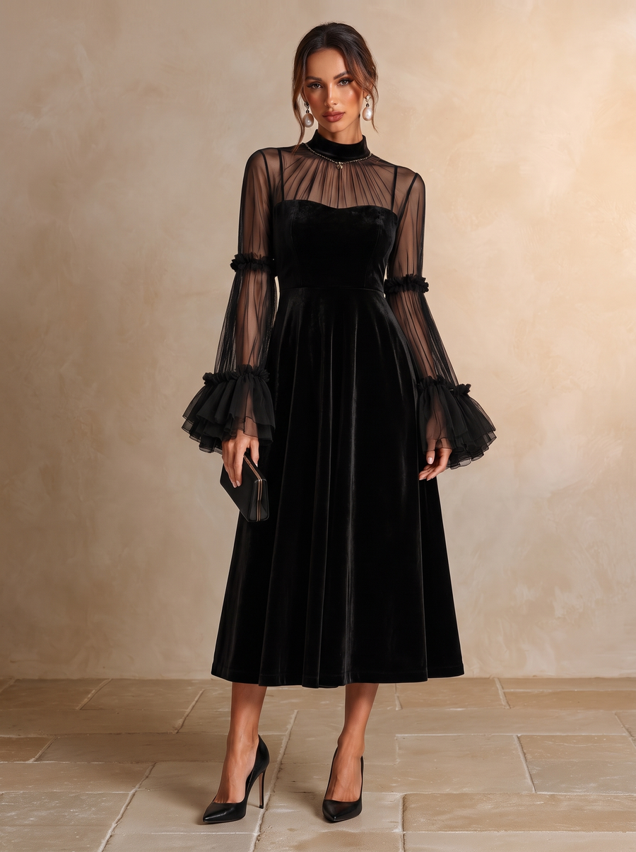 ISADORA — Vestido Midi de Terciopelo Negro
